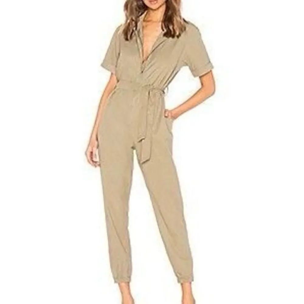 Monrow Short Sleeve Side Zip Detail Olive Jumpsuit Revolve Utility Sz M Medium